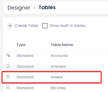 A screenshot depicting the locatin of the Assets table in Designer.